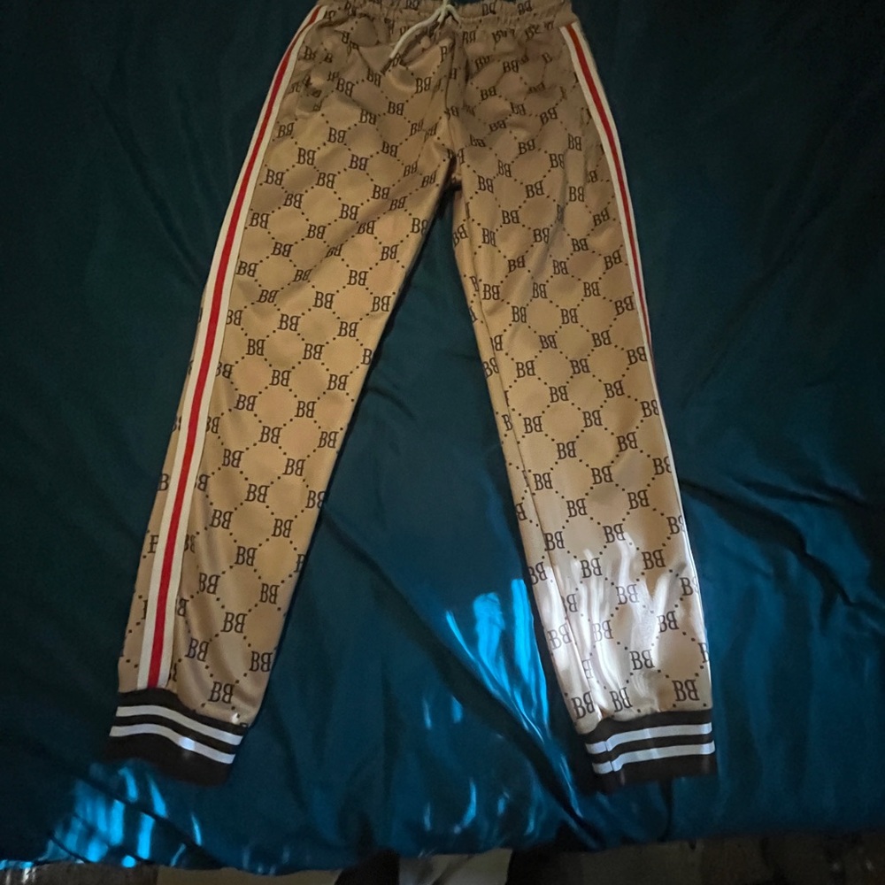 Beige Monogram Track Pants with Red Stripes